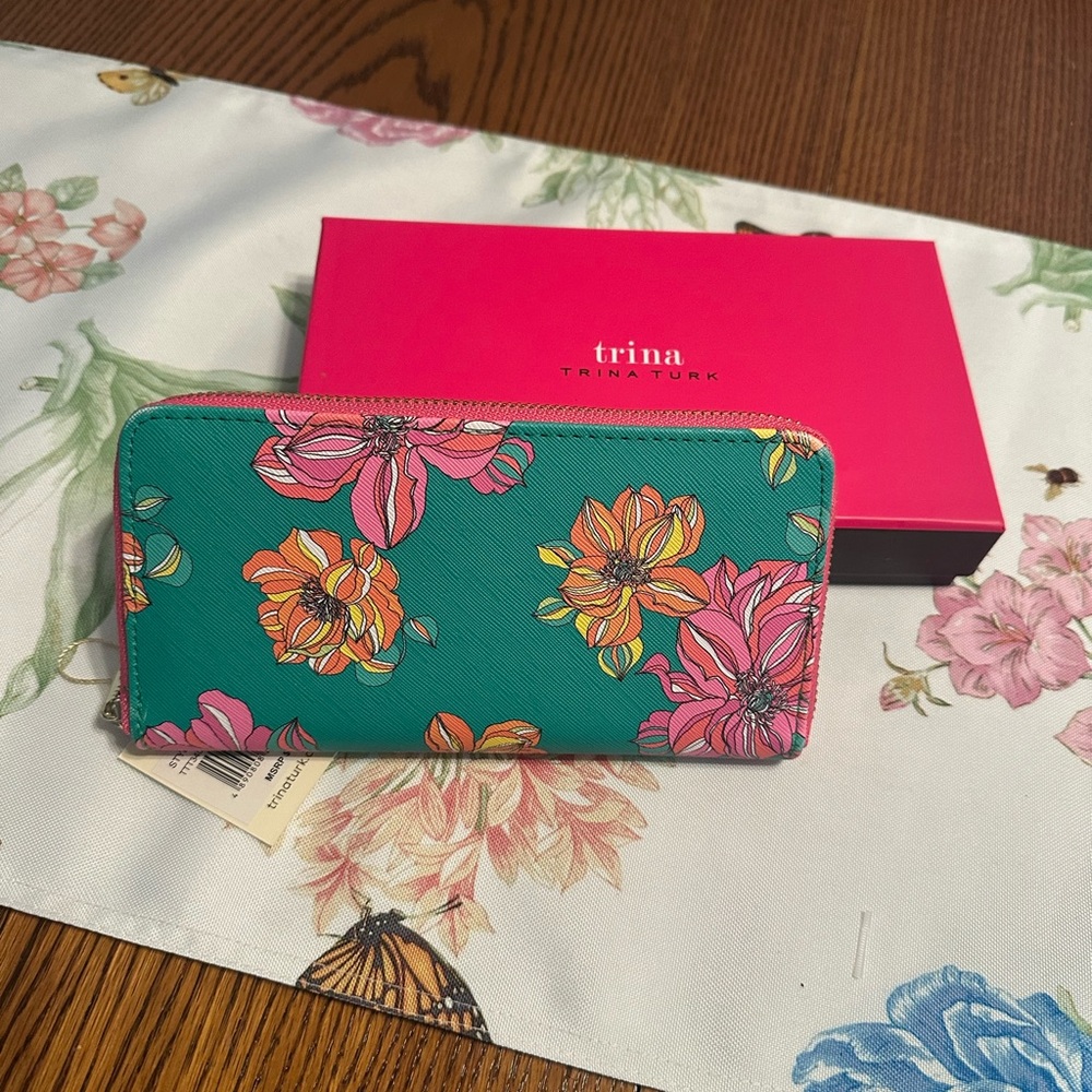 Trina Turk Floral Zip Around Wallet – Teal Pink Orange Floral Print